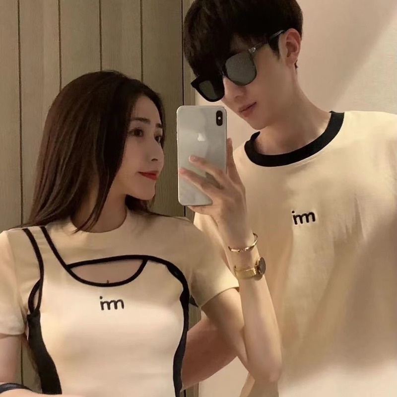 Sét đồ đôi nam và nữ 2 màu đen và be váy ôm body kết hợp áo phông nam