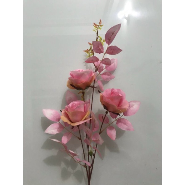 Hoa Giả_ Cành Hồng lụa cao cấp_ 3 bông trang trí nhà cửa