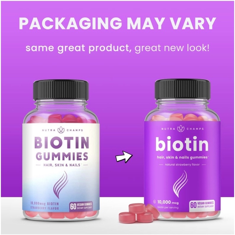 Kẹo dẻo thuần chay da tóc móng Biotin 10,000mcg nam nữ NutraChamps 60 viên USA