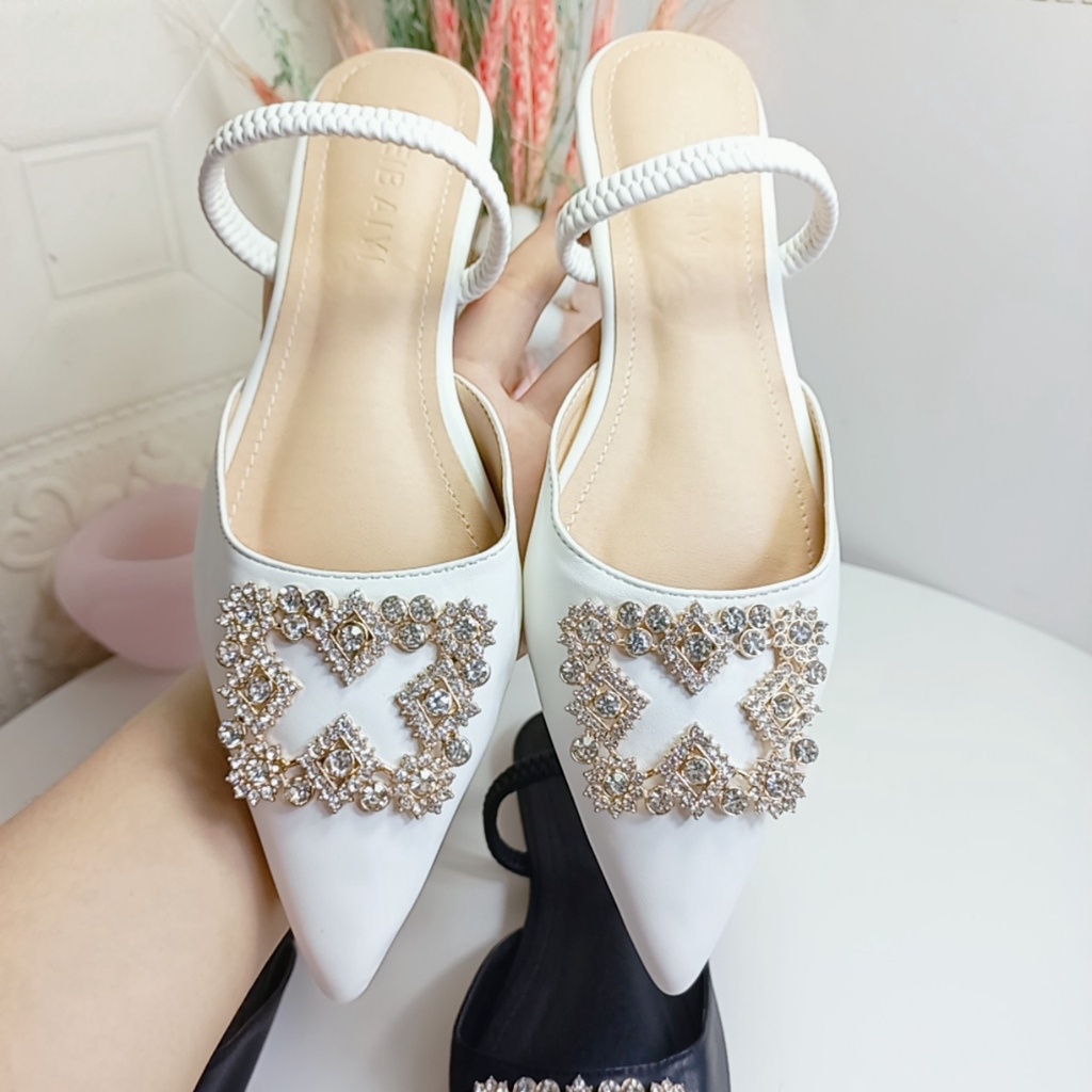Giày nữ đế bệt bít mũi đính đá sục mũi nhọn quai ngang đi được 2 kiểu mẫu mới Minhtuyetshoes