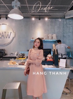 Váy lụa hồng buộc eo l1