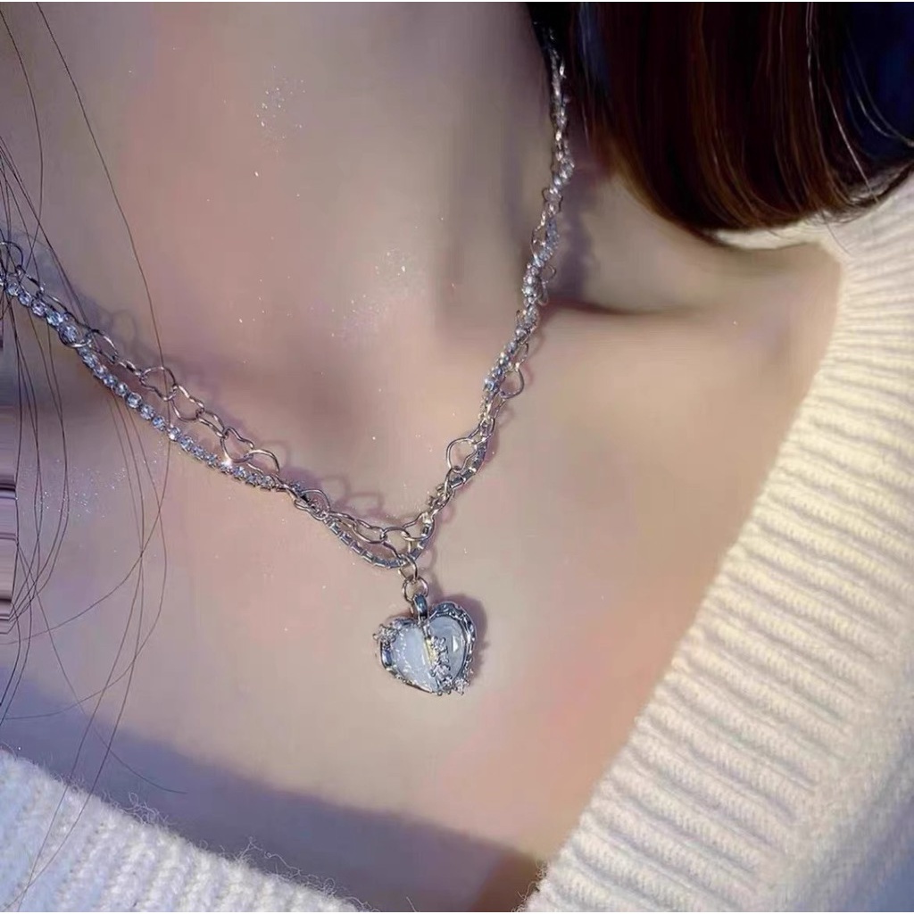 Vòng cổ Mặt Trái Tim Đính Đá zircon Nhiều Lớp Màu Xanh Dương Lấp Lánh Ngọt Ngào Và Mát Mẻ