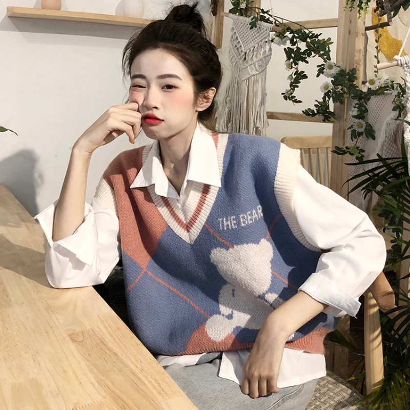 Hàng Sẵn_ Áo gile dệt kim ngắn retro áo vest không tay cổ V phong cách Hàn