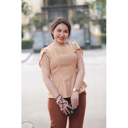 Áo kẻ caro cam tay búp sen