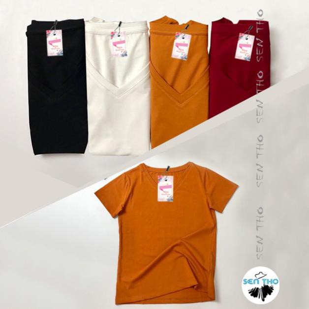 Áo Thun Nữ Cộc Tay Cổ Tim Dáng Suông Phông Trơn Vải Cotton Co Giãn Tốt. Màu Bassic Trắng, Đen, Đỏ Đô, Vàng, Cam Đất  ྇