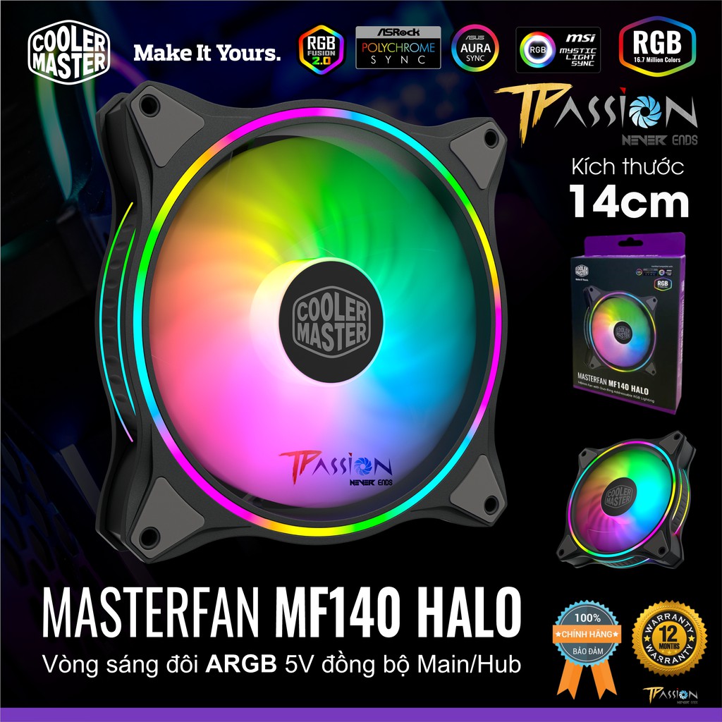 Quạt Fan Case 14cm Cooler Master MasterFan MF140 HALO ARGB - LED Rainbow 2 vòng ring cực đẹp, hiệu năng cao
