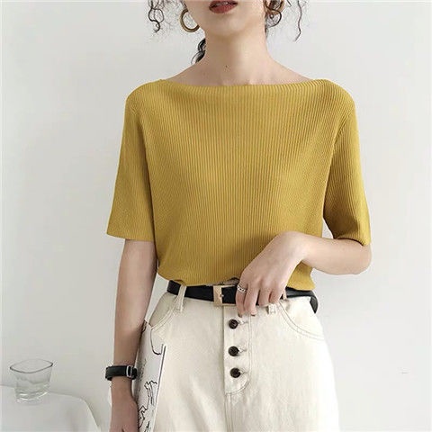 Áo Thun Tay Ngắn Trễ Vai N259 Vải Lụa Lạnh Mỏng Dáng Rộng Màu Trơn