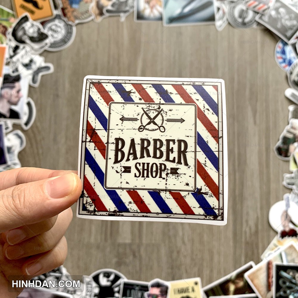 Sticker BARBER trang trí tiệm tóc nam, cửa hàng cắt tóc nam, tem dán chống nước, dán gương