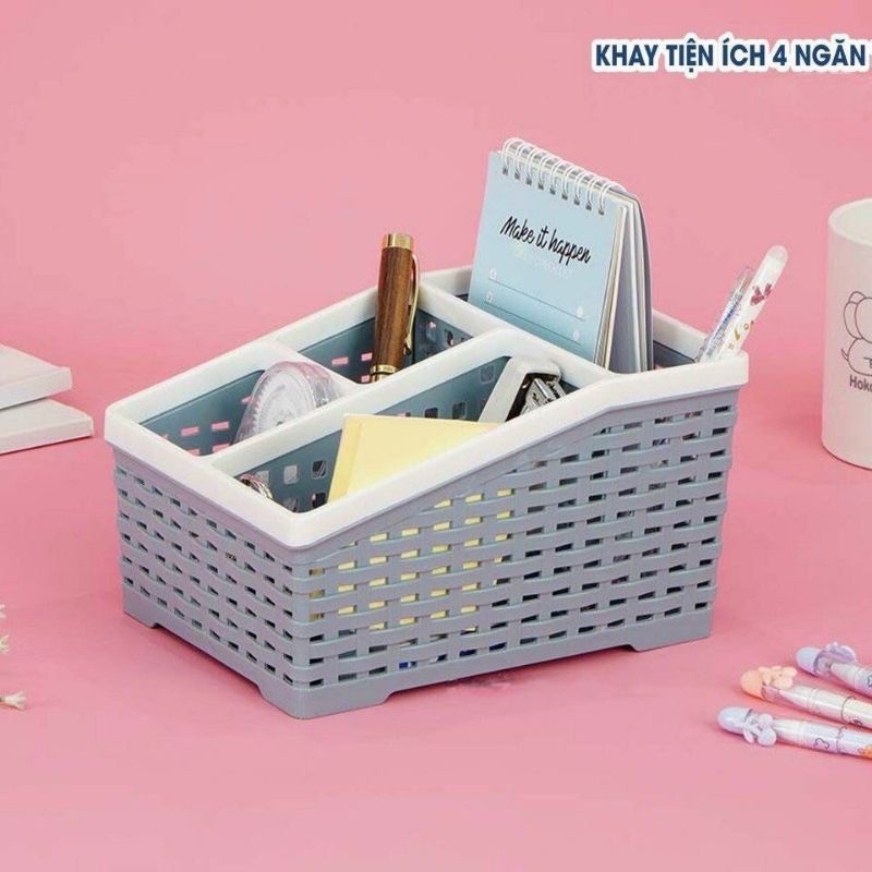 Khay 4 ngăn to tiện ích để bàn đựng bút, đồ dùng đa năng, để mỹ phẩm