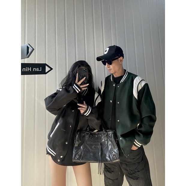 Áo Khoác Bomber Unisex Dạ Phối Vai Da 2 Màu Kem/Đen