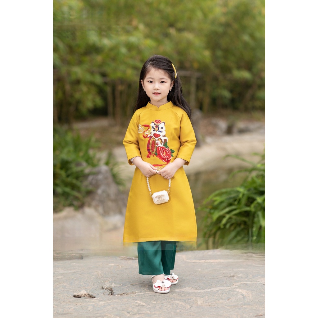 Áo dài cách tân gia đình hoạ tiết màu vàng đủ size - L17