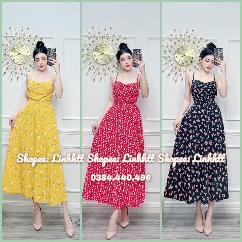 MAXI 2 DÂY CỔ ĐỔ VÁY HOA (SẴN MÚT NGỰC )FREESIZE