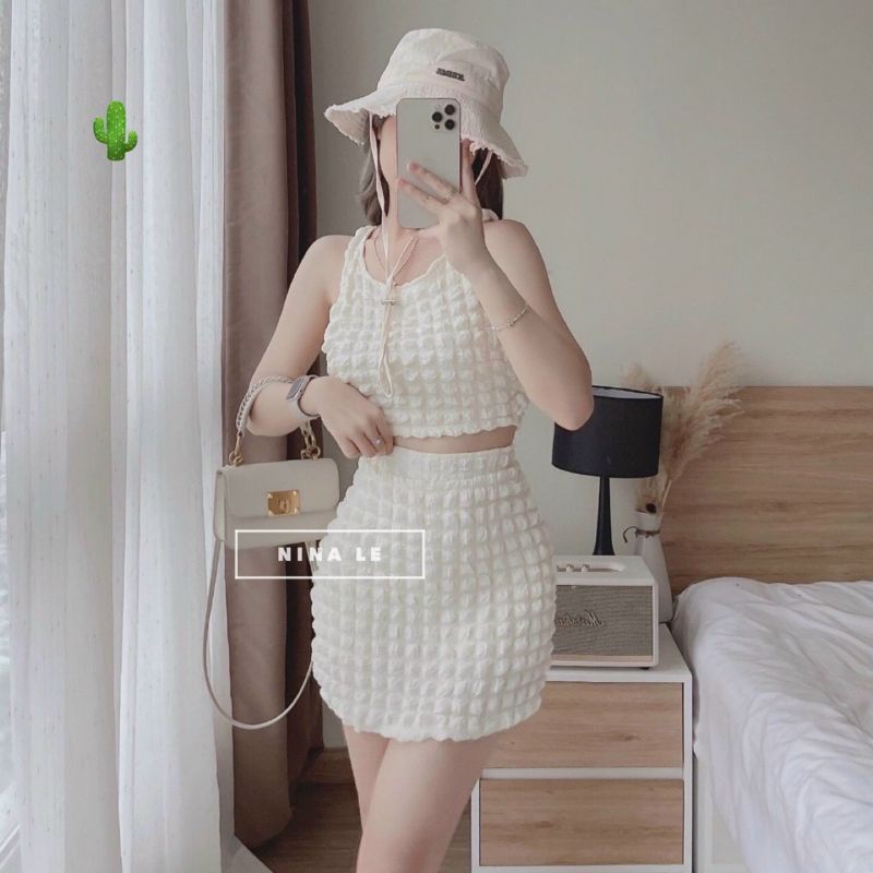 🎀🎀 Sét Váy Xốp Ô Vuông Nổi hot trend Active, Áo ba lỗ Croptop phối chân váy ôm có lót trong ,Size <53kg