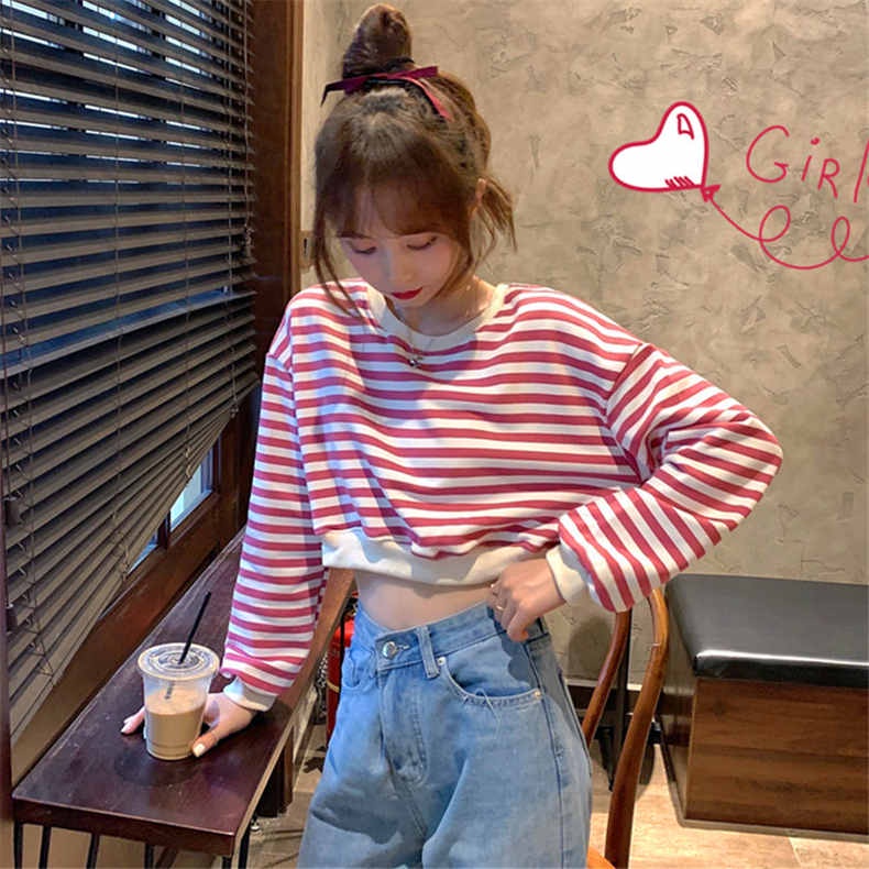 【ZHELIHANGFEI】Áo Sweater Tay Dài Kẻ Sọc Lưng Cao Thời Trang Cá Tính