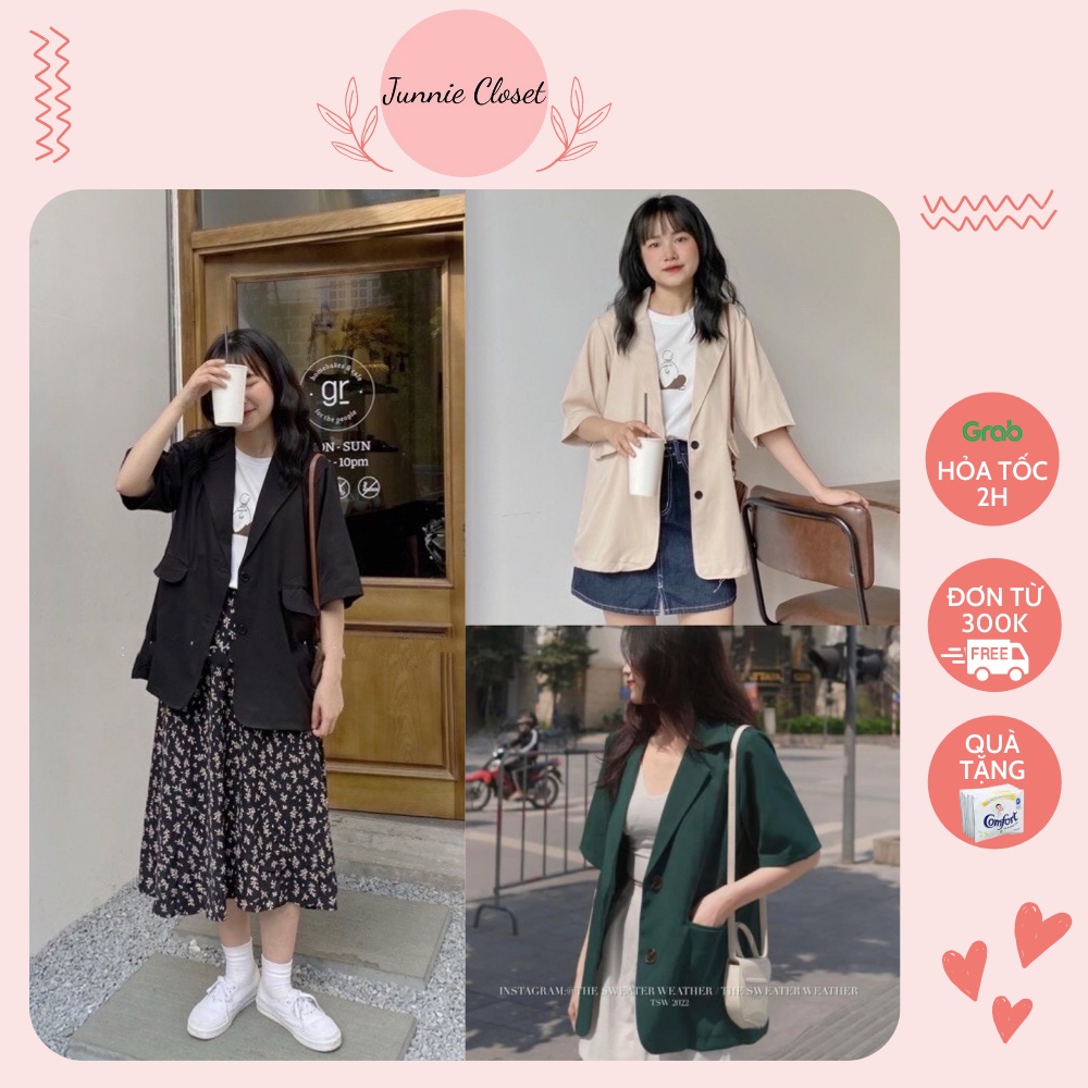 [QUÀ TẶNG LÀ CHUN TÓC ĐEN NỮ TÍNH DẺO DAI] Áo blazer CỘC TAY trơn chất đẹp, áo blz tay ngắn phong cách HQ Junnie Closet