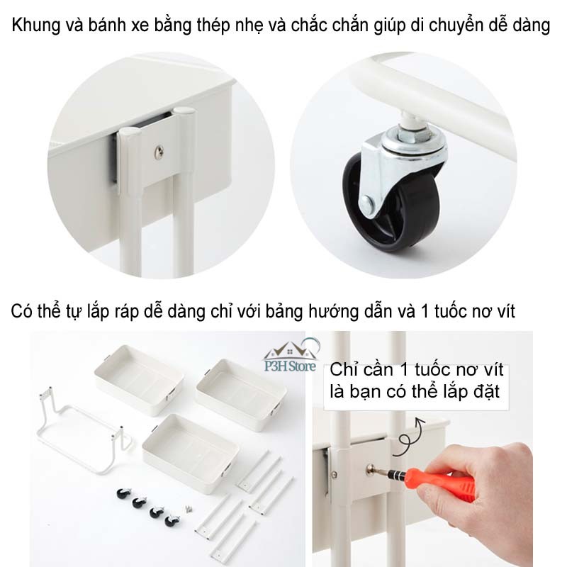 Kệ đẩy 3 tầng đa năng Lock&amp;Lock bằng thép không gỉ có bánh xe INP737