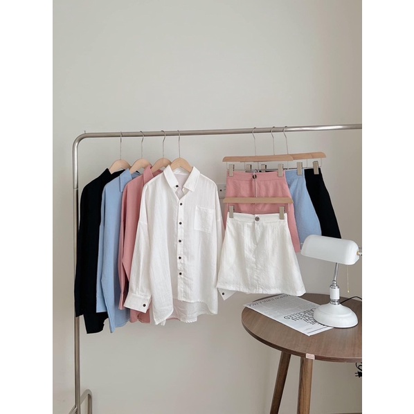 Set đồ nữ gồm áo sơ mi nữ form rộng dài tay cùng chân váy ngắn chữ A chất liệu đũi xước Nhật siêu đẹp (TTA128)