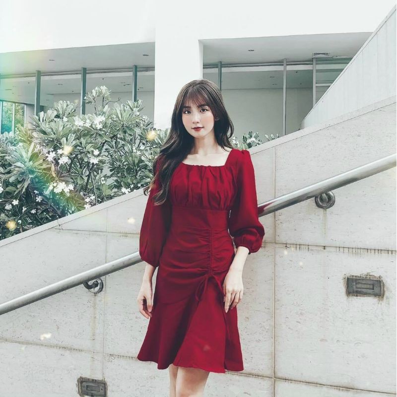 Váy cổ vuông nhún ngực tay dài xinh tươi