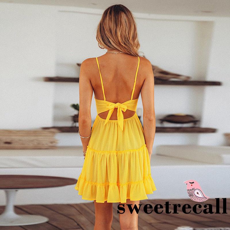 Women Dress, Solid Color Sling Deep V-Neck Waist Design Back Tie Lace, Loose Hollow Back Summer Dress for Beach, Vacation