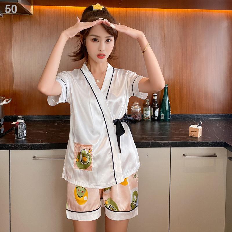 Bộ đồ ngủ kimono nữ mùa hè băng giá lụa ngắn tay hai mảnh phù hợp với lưới dễ thương màu đỏ xuân và thu Dịch vụ t