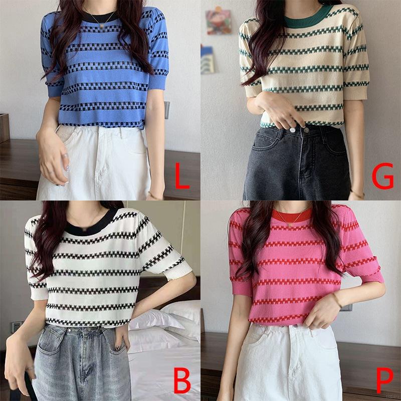 Áo thun dệt kim tay ngắn cổ tròn hoạ tiết kẻ sọc thiết kế dáng rộng thoải mái
