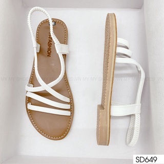 SD649 Sandal bệt da sần quai 2 dây ngang pha dây đan chéo chun sau