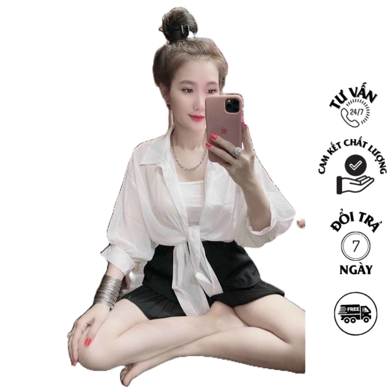Áo Sơ Mi Voan Tay Lửng Buộc Nơ Áo Khoác Croptop Đi Biển Du Lịch Đen Trắng C38