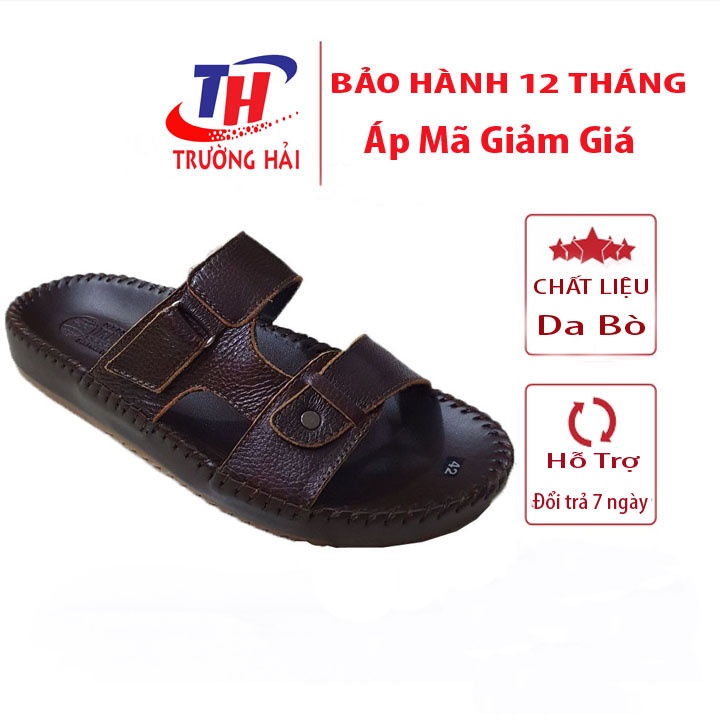 Dép Nam Da Bò Quai Ngang Trường Hải Màu Nâu May Viền Chắc Chắn QNN100