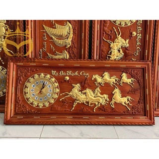 Tranh đồng hồ gỗ hương thếp vàng Mã Đáo Thành Công 108x48cm
