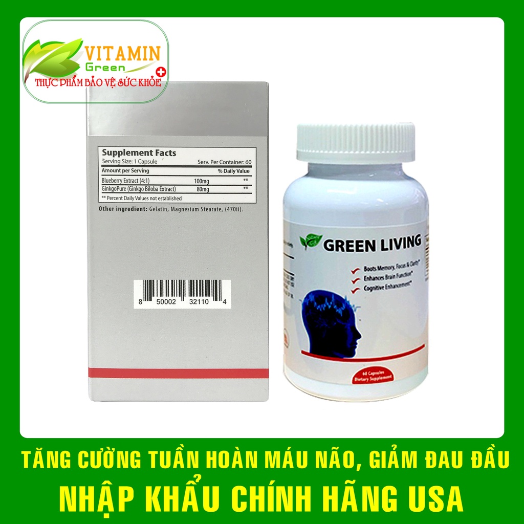 Viên uống bổ não Green Living Brain (Việt Quất, Ginkgo biloba) giúp tăng cường tuần hoàn não | Nhập khẩu chính hãng Mỹ