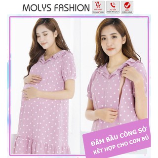 Đầm bầu kết hợp cho con bú Molys M2271 dáng suông đuôi cá cổ bèo