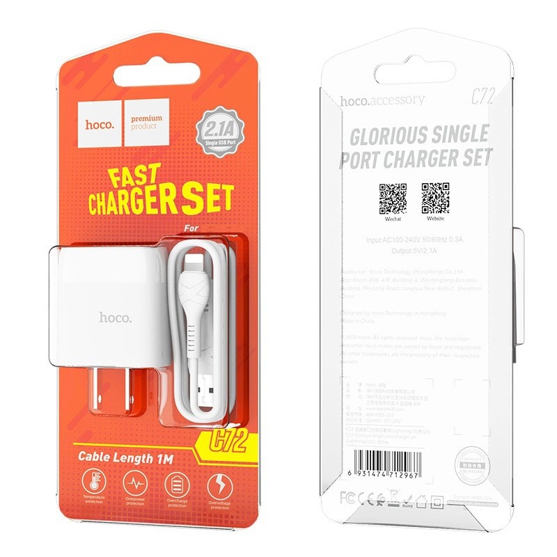 Sạc phone chính hãng Hoco c72 bộ sạc phone nhanh dòng 2.1A dây dài 1m có chip chống cháy nổ - BH 12 tháng