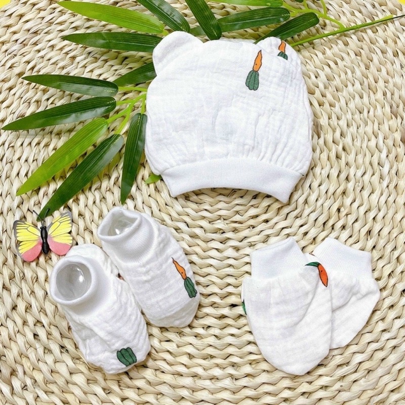 Set mũ - bao tay - bao chân Muslin cho bé