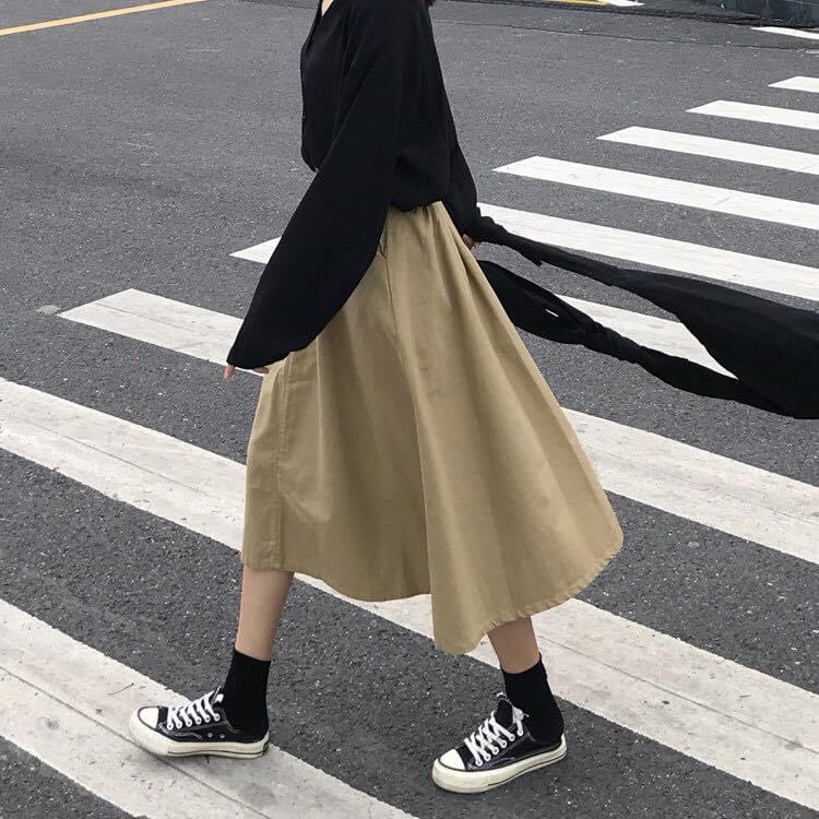 Chân Váy Suông Kaki Màu Be - Đầm chữ A dáng dài qua gối cạp chun lưng cao thiết kế tiểu thư, bánh bèo Ulzzang