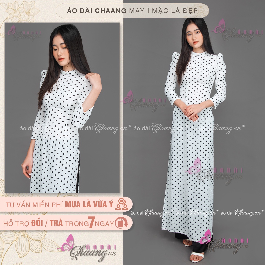 Áo Dài Trắng Truyền Thống Chấm Bi Vai Bồng May Sẵn Lụa Thái Cổ Vuông Đẹp ChaangBi09