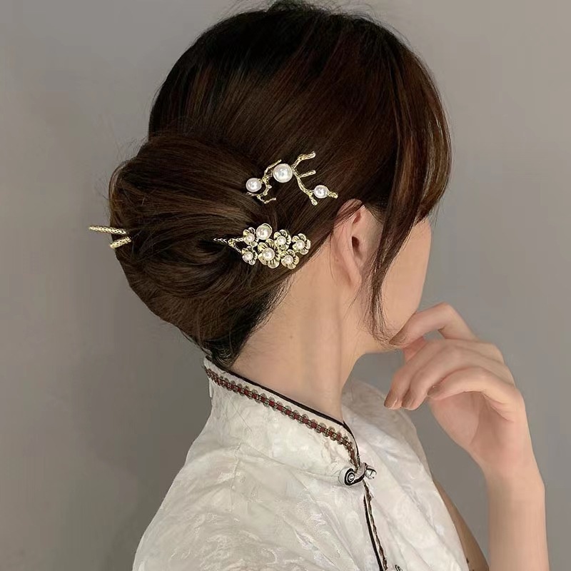 Trâm Cài Tóc Kim Loại Hình Hoa Đính Ngọc Trai Phong Cách Cổ Điển Chất Lượng Cao Cho Nữ