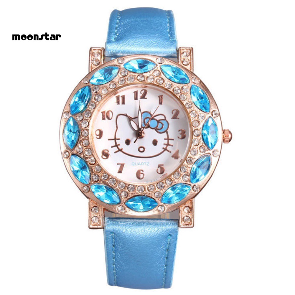 Đồng hồ dây giả da đính đá hình Hello Kitty cho bé gái