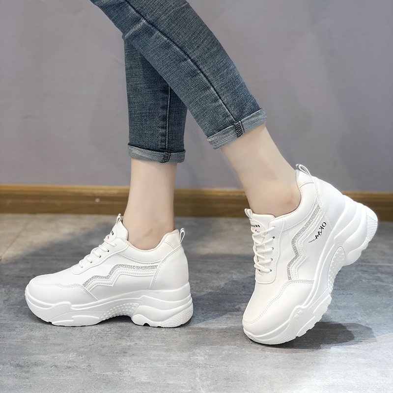Giày Da Nữ, Giày Sneaker Da Nữ G63 Màu Trắng Đẹp Độn Đế 7 Phân Tăng Chiều Cao Cho Học Sinh Sinh Viên