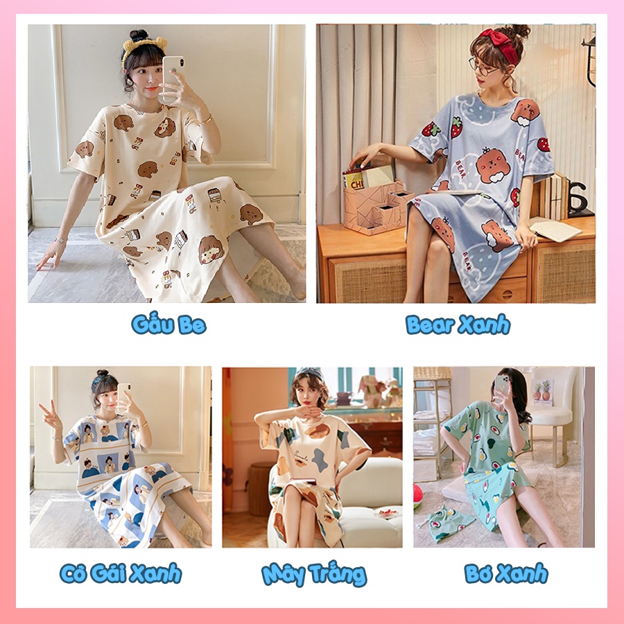 Váy ngủ cộc tay đầm ngủ nữ dễ thương dáng suông bigsize chất cotton mềm mát họa tiết hoạt hình VN01