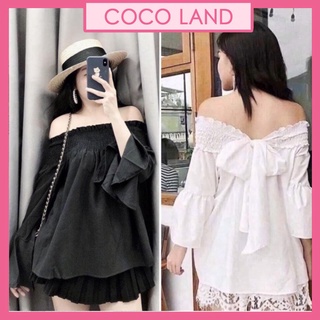 áo trễ vai tay dài, áo bánh bèo trễ vai nơ sau lưng điệu đà chất đẹp, ulzzang xinh xắn