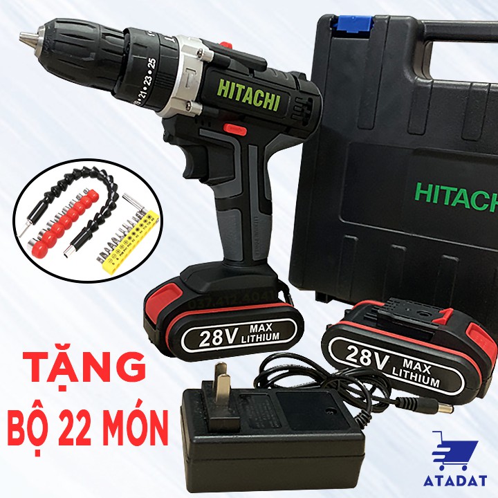 [Tặng bộ 22 món] KHOAN PIN HITACHI 28V 3 CHỨC NĂNG CÓ BÚA - KHOAN TƯỜNG, GỖ, BẮT VÍT, BẮN TÔN - LÕI ĐỒNG - PIN 5 CELL