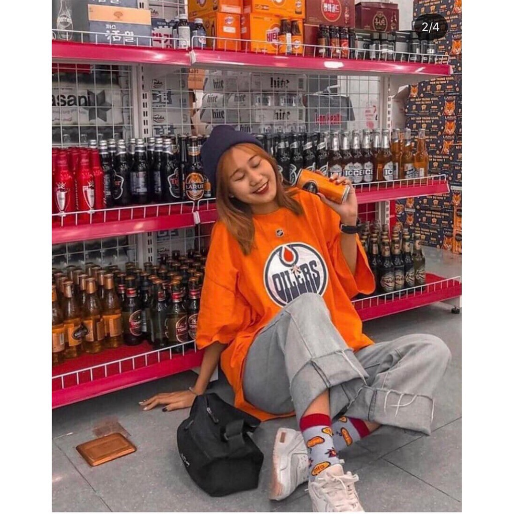 Áo Phông Form Rộng In Hình OILERS 🎁 Nana's House 🎁 Thun cổ tròn oversize màu cam nổi bật, cá tính | BigBuy360 - bigbuy360.vn