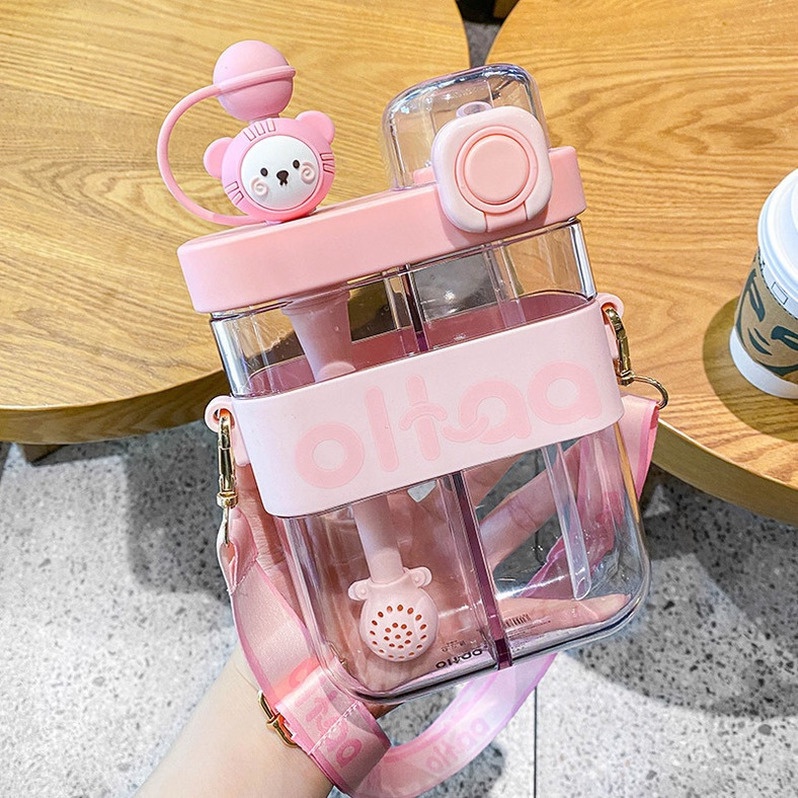 Bình Nước Hình Vuông Dung Tích Lớn 580/800ml Kèm Ống Hút Kiểu Dáng Dễ Thương