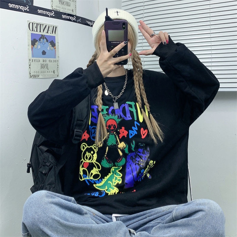 ZHELIHANGFEI Áo Sweater Tay Dài Dáng Rộng In Họa Tiết Trẻ Trung