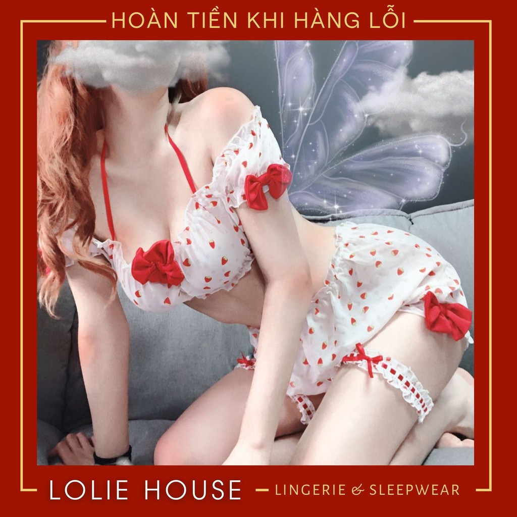 Bộ đồ ngủ Dâu tây trễ vai Dễ thương - Set ngủ Dâu tây sexy gợi cảm LOLIE HOUSE - SS5