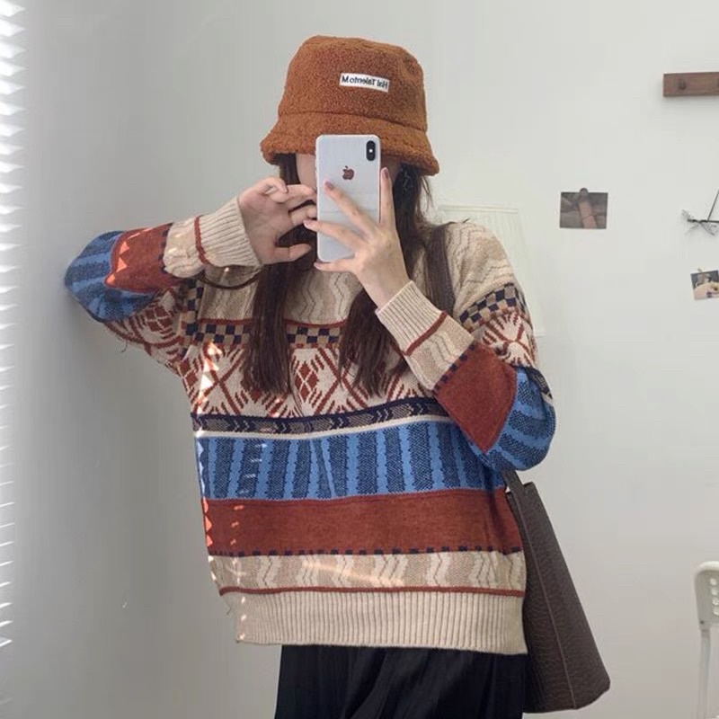 Áo len nữ thổ Cẩm họa tiết quảng châu cao cấp áo len ulzzang hoạ tiết thổ cẩm cho nữ