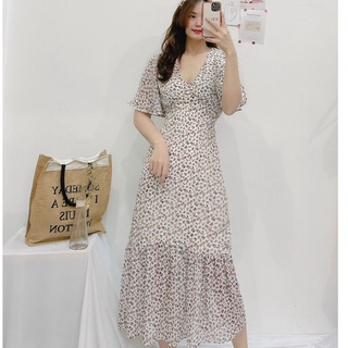Đầm maxi nữ cổ V đuôi cá dáng dài phối hoa