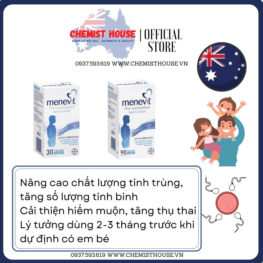 Hàng Chuẩn ÚC Menevit - Hỗ trợ sinh sản sinh lý nam, tăng thụ thai 30 viên