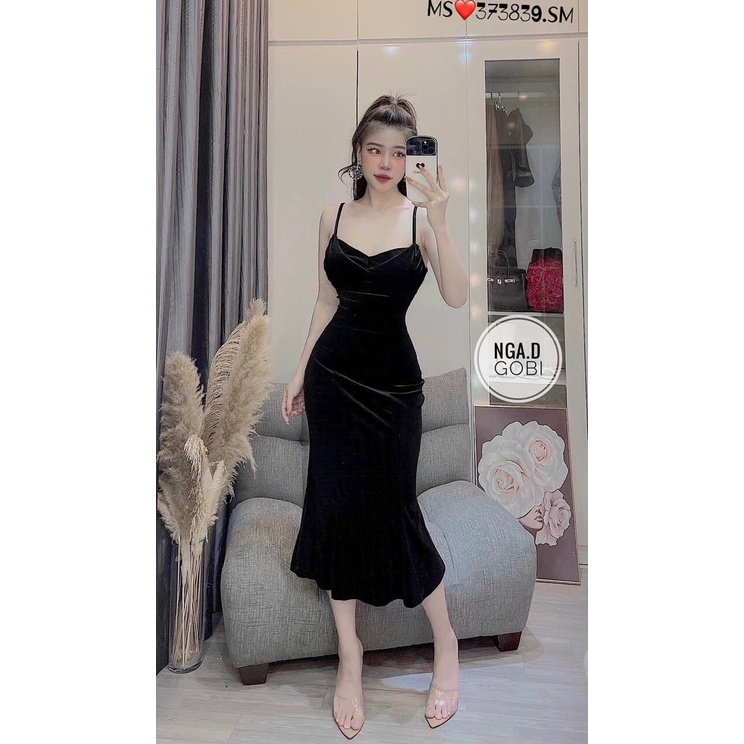 Đầm ôm body 2 dây xòe đuôi cá đỏ đen - QC95
