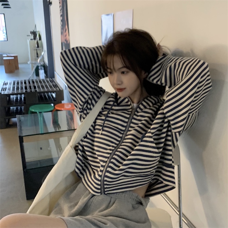 Xiaozhainv Áo Khoác Có Mũ Trùm Tay Dài Dáng Rộng Kẻ Sọc Thời Trang Hàn Quốc Cho Nữ | BigBuy360 - bigbuy360.vn